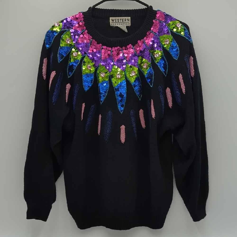 Vintage 80s Black Sequins Floral Sweater Beaded Glam Party Knit  Medium Retro